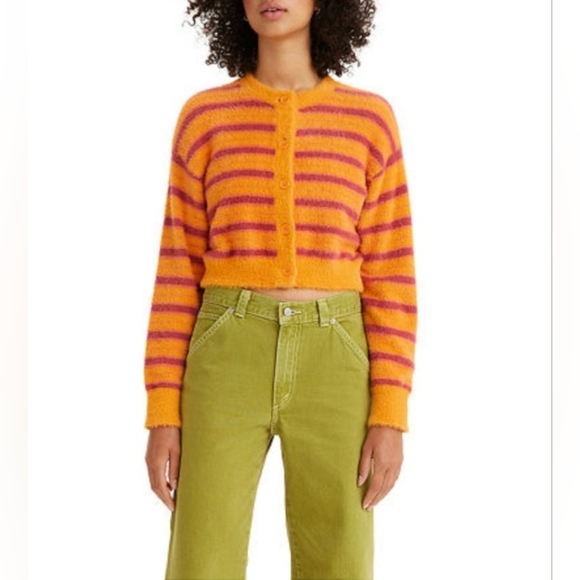levi’s orange pink stripe fuzzy cardigan sweater size small brand new - Picture 1 of 12